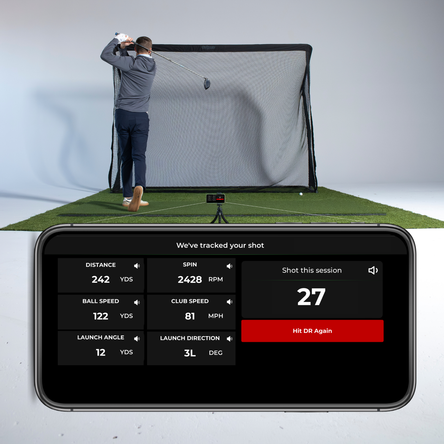 Red Stakes Golf app showing shot shape from RSG One bundle