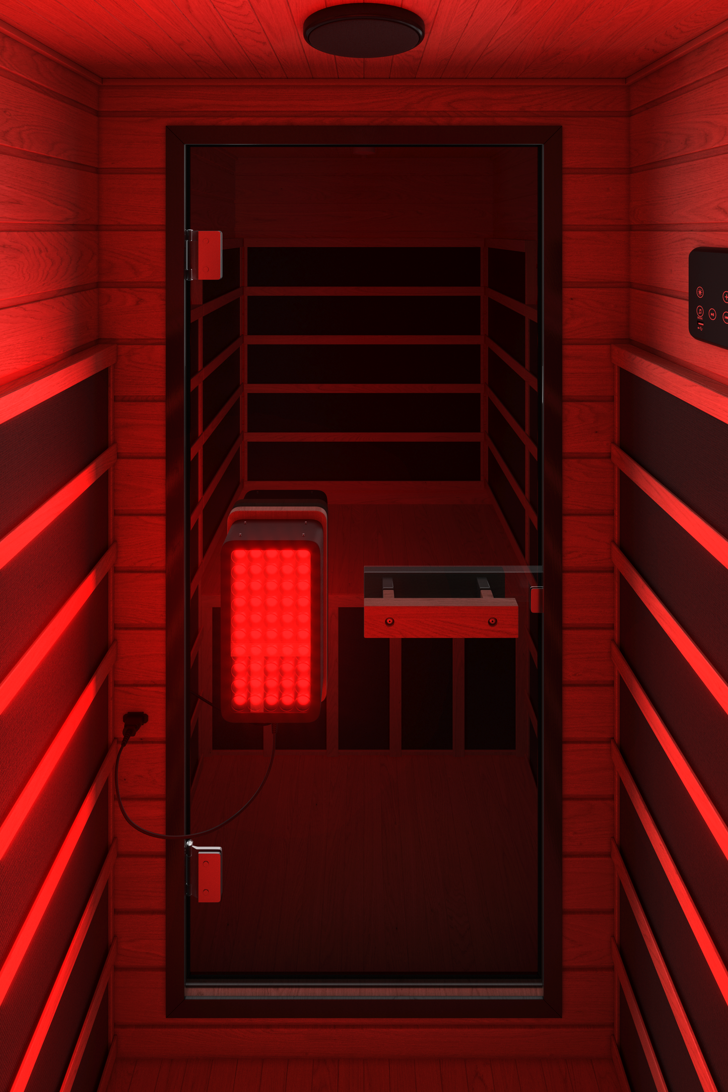 Red infrared sauna with a door open, showing the interior.