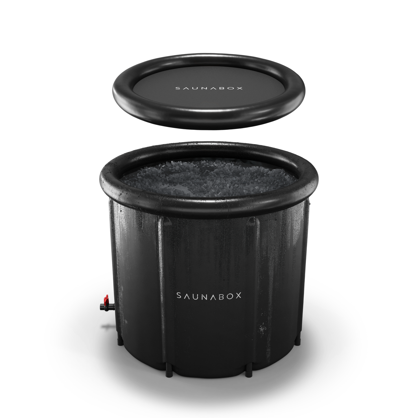 Black inflatable sauna with lid on a white background