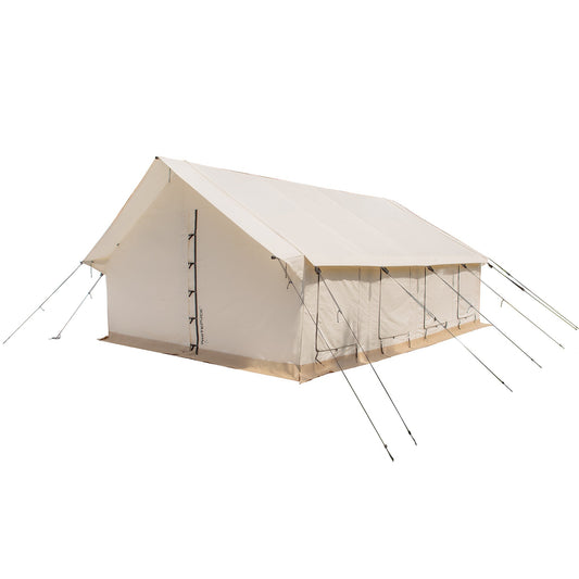 Beige camping tent with a white background