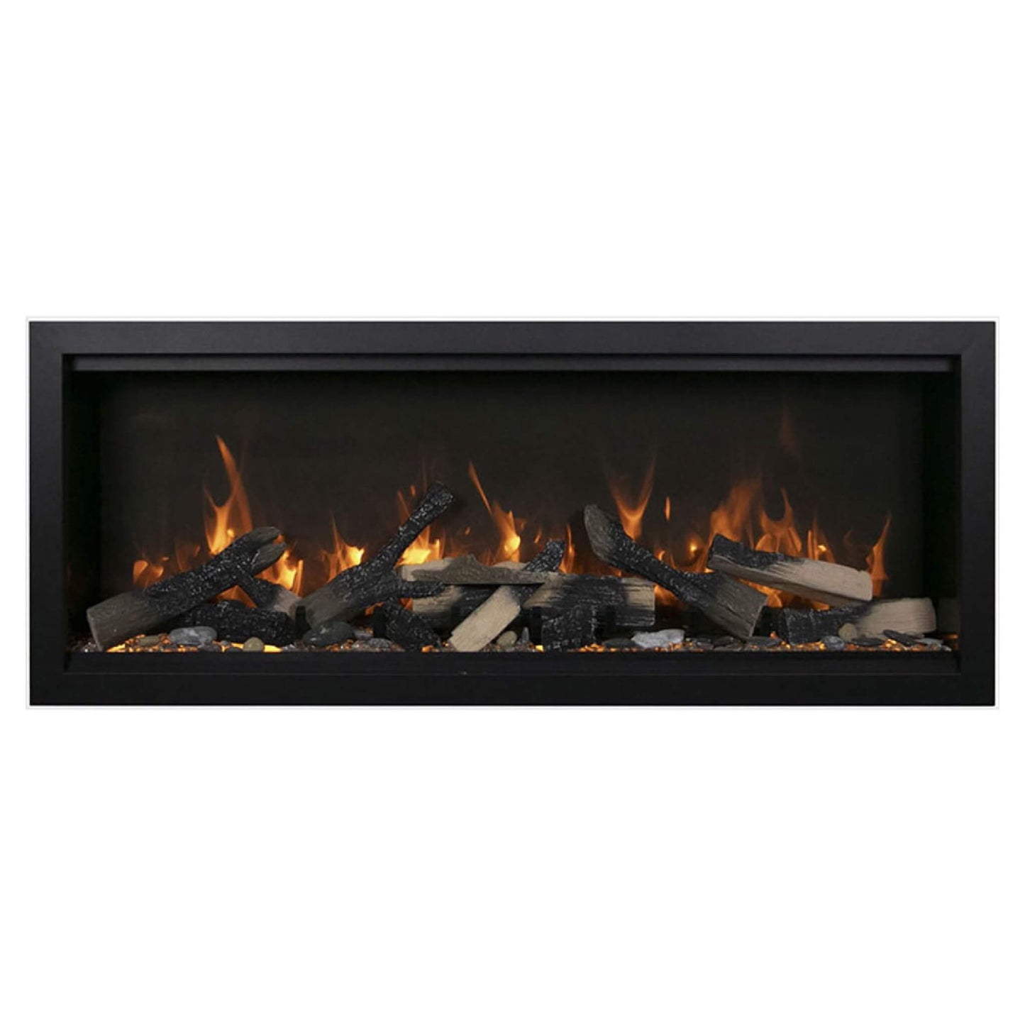 Rectangular fireplace insert with flames and logs on a white background