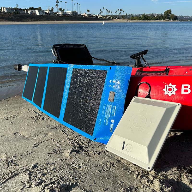 Bixpy SUN80 Solar Panel powering off-grid kayak adventure