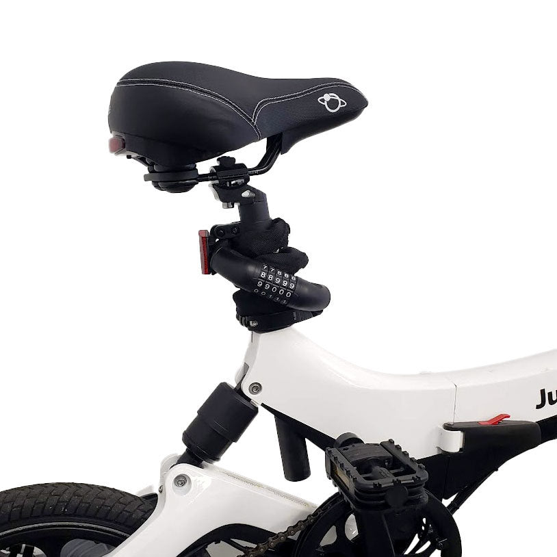 Close-up of a bicycle seat and lock on a white background