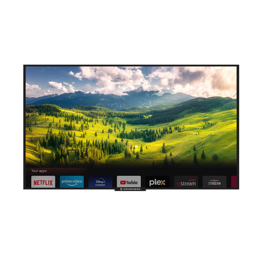 Mirage Vision Gold Series 4K Outdoor TV displaying a mountainous landscape with streaming app icons at the bottom.