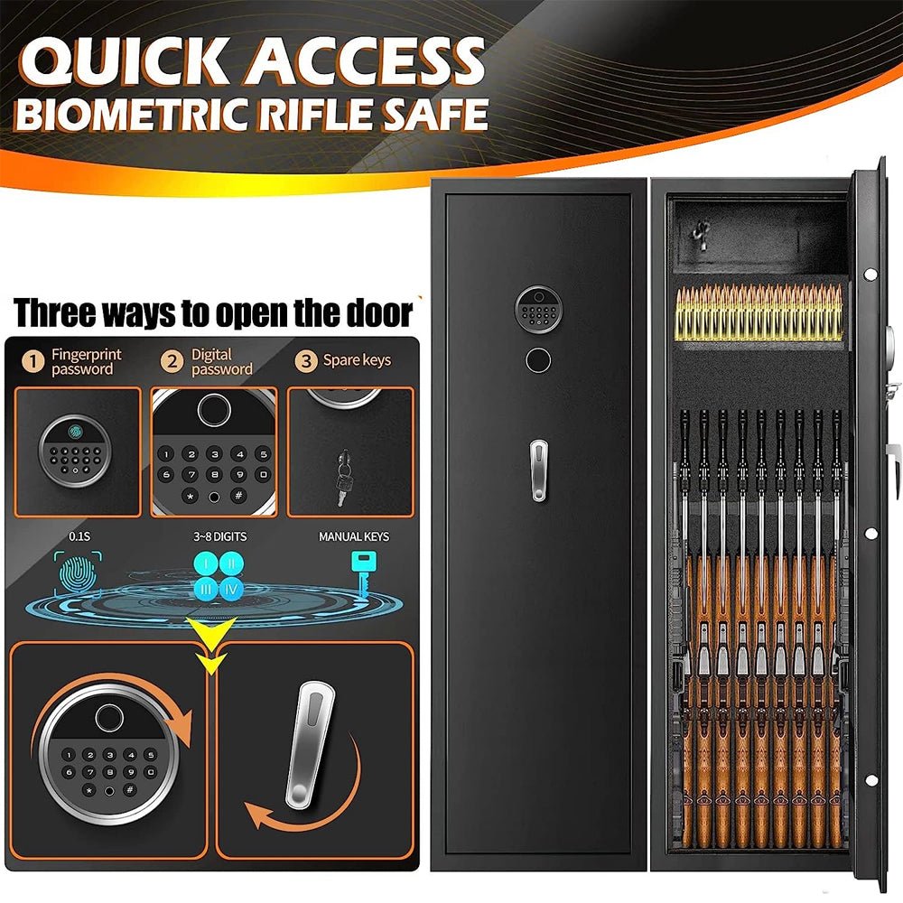 Biometric rifle safe with open door showing rifles and security features.