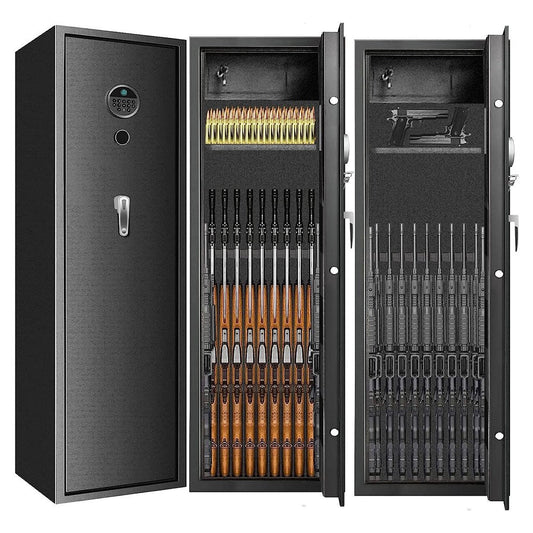 Black gun safe with open doors displaying various firearms and ammunition.