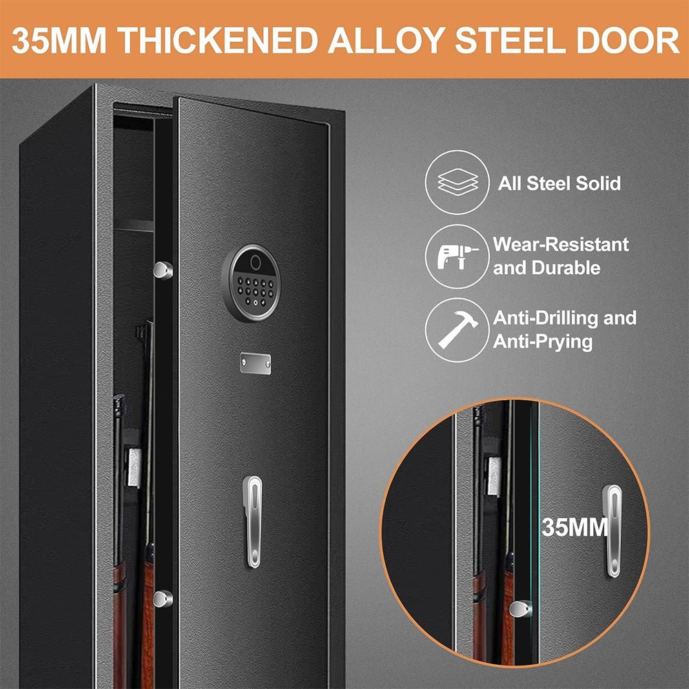 Black alloy steel door with digital lock and features listed on a gray background