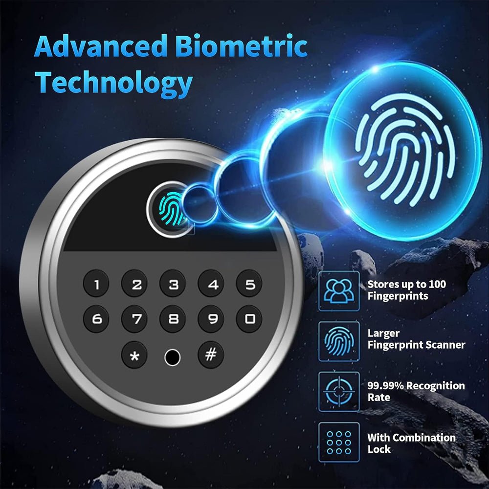 Electronic lock with fingerprint scanner and keypad on a dark space-themed background