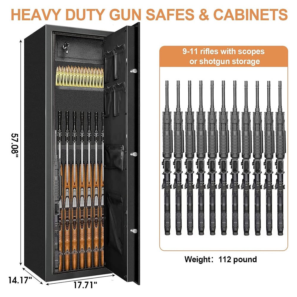 Heavy-duty gun safe with rifle storage and dimensions displayed.