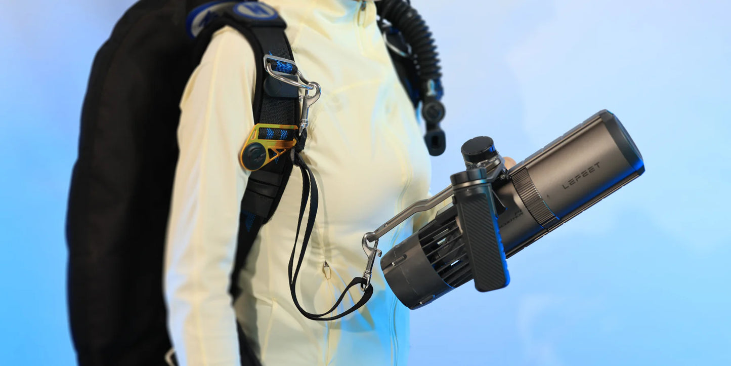LEFEET P1/P1 XR Scooter Harness attached to diving gear, showcasing hands-free underwater propulsion.