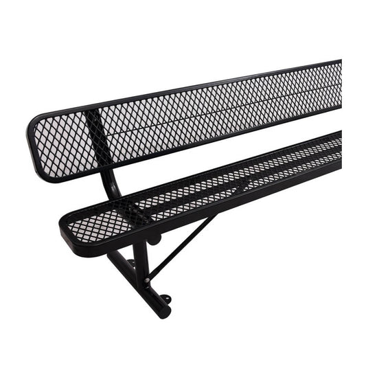 Black metal bench with mesh design on a white background