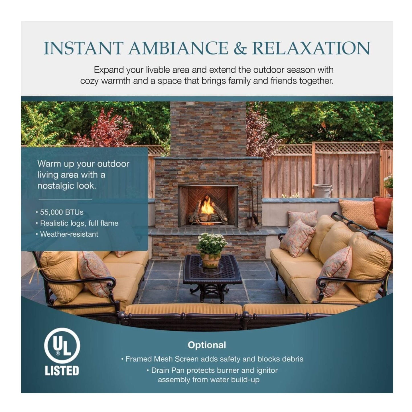Outdoor living area with fireplace, patio furniture, and UL Listed logo.