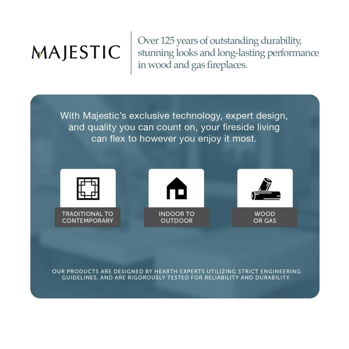 Majestic fireplace advertisement with text and icons on a blue background
