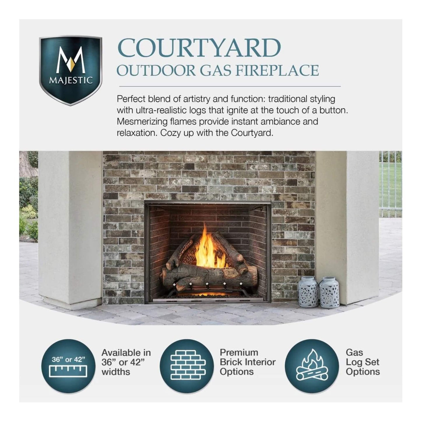 Advertisement for Majestic Courtyard outdoor gas fireplace with text and product features.