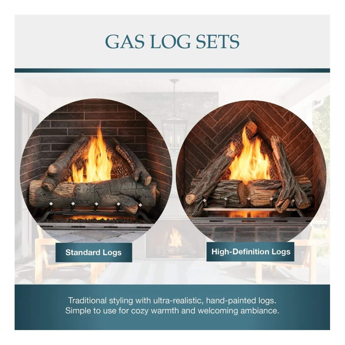 Advertisement for gas log sets with two circular images of fireplaces and text describing the types of logs.