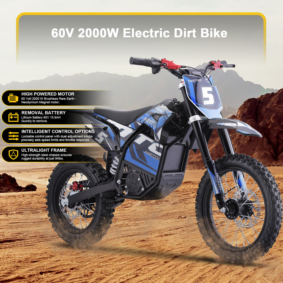 MotoTec 60V 2000W Pro Electric Dirt Bike Lithium HP115E – 40 MPH