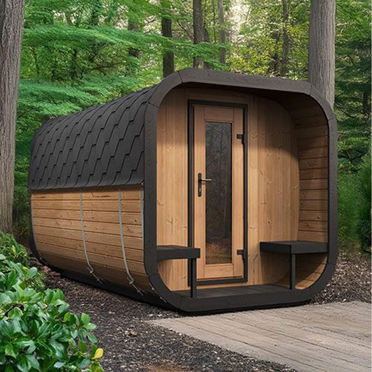 Wooden cabin with a door in a forest setting