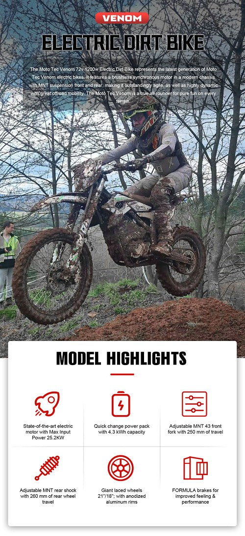 MotoTec Venom 72 V 12,000 W Electric Dirt Bike – Black