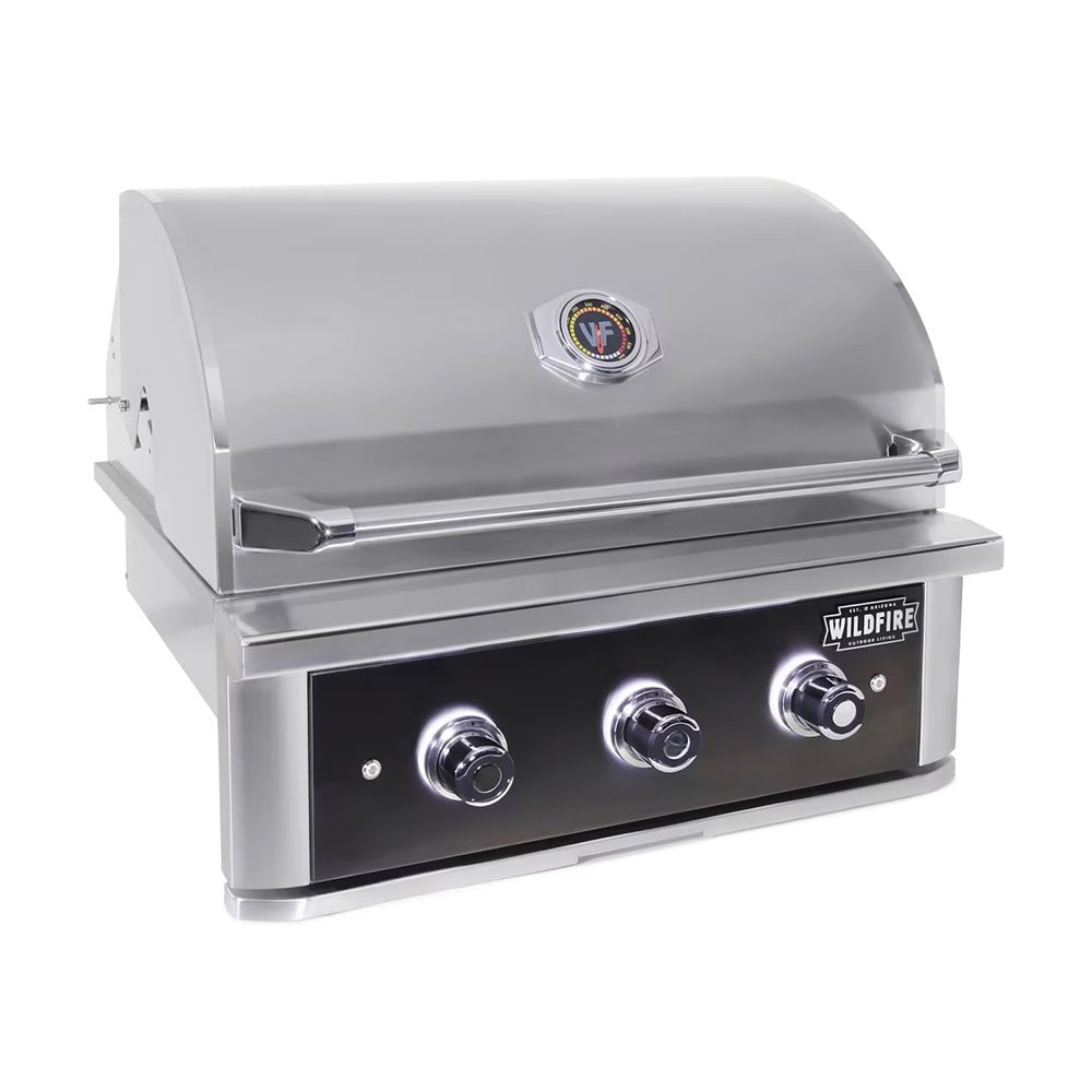 Stainless steel grill with three control knobs on a white background