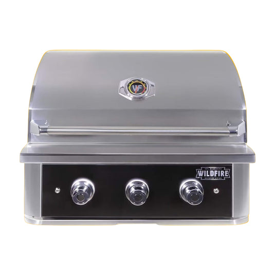 Stainless steel grill with 'Wildfire' branding on an orange background