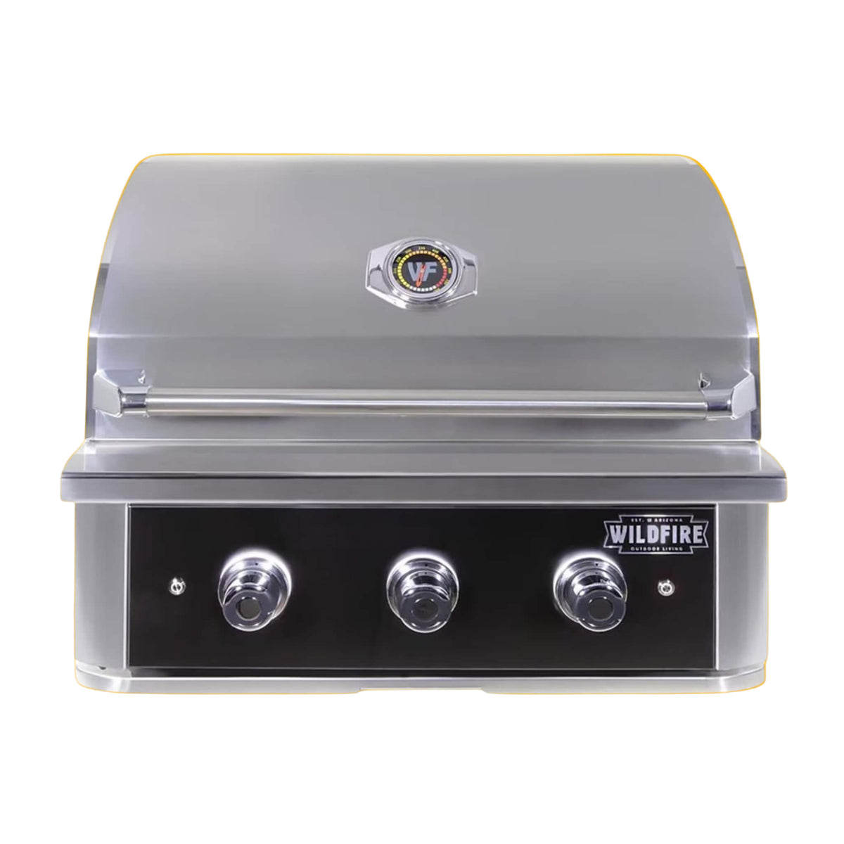 Stainless steel grill with 'Wildfire' branding on an orange background