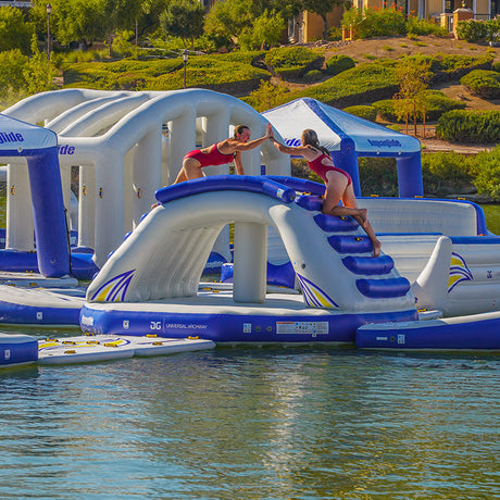 Aquaglide Aquapark Junctions linking tracks and features in a circuit aquapark layout on open water.