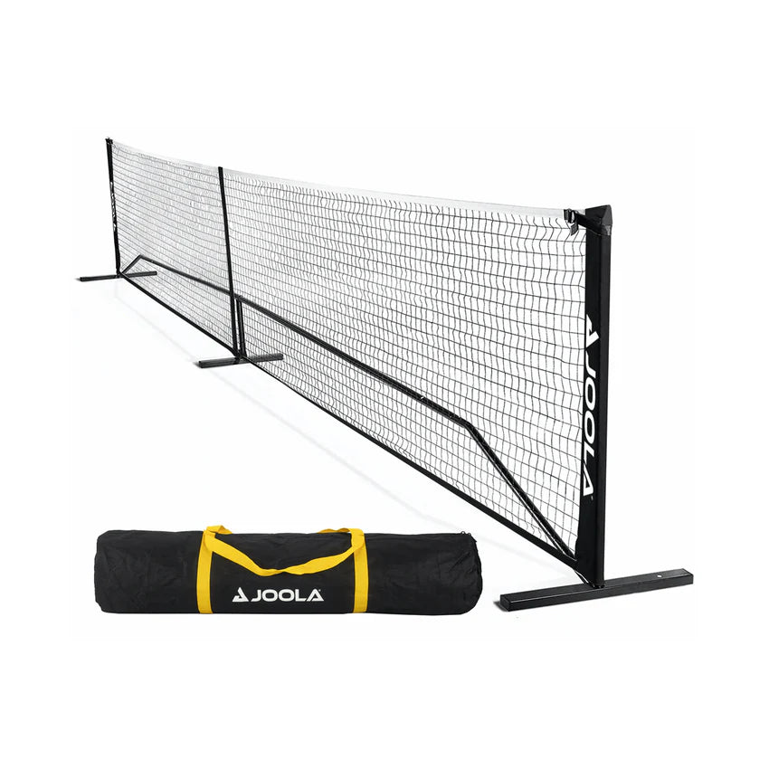 High-quality pickleball net set up on a court, ready for a game, showcasing durable construction and easy assembly