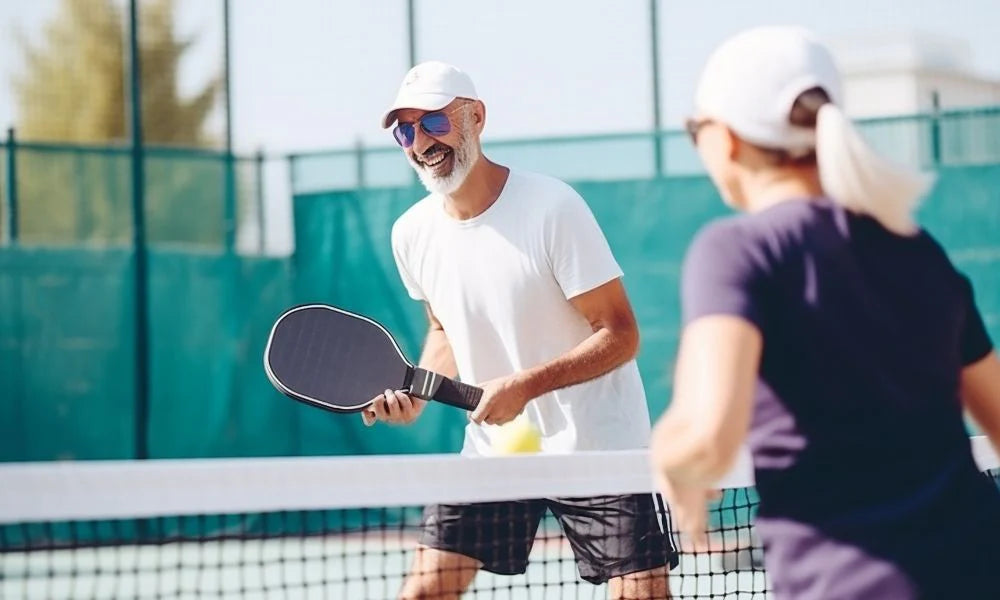 Pickleball player organizing gear with premium accessories, including pickleball bags, balls, and protective eyewear for optimal performance