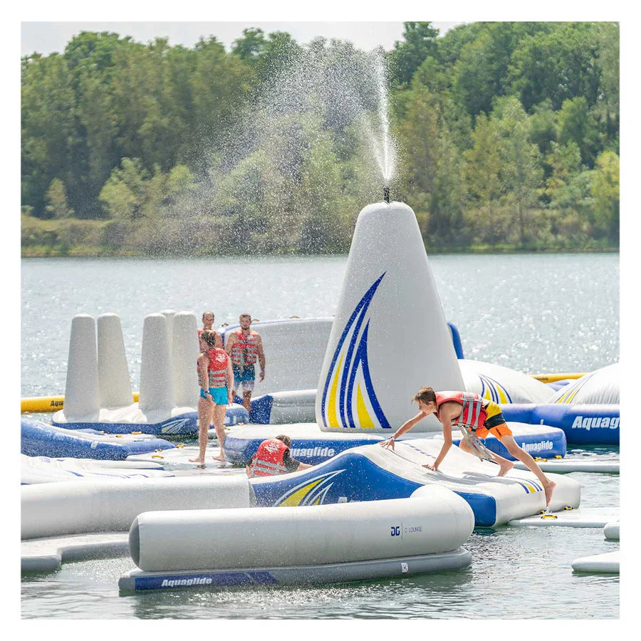 Aquapark Sprinkler Systems, including Monsoon cones, providing cooling sprays across a floating waterpark in open water