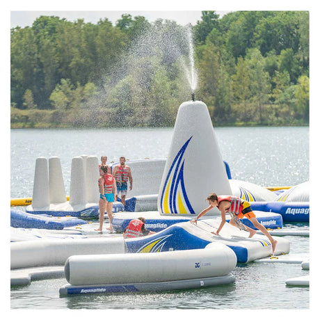 Aquapark Sprinkler Systems, including Monsoon cones, providing cooling sprays across a floating waterpark in open water
