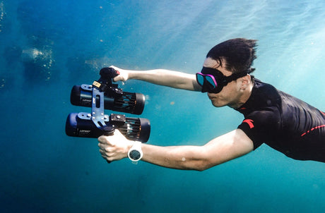 Lefeet underwater scooter with modular accessories on ocean floor