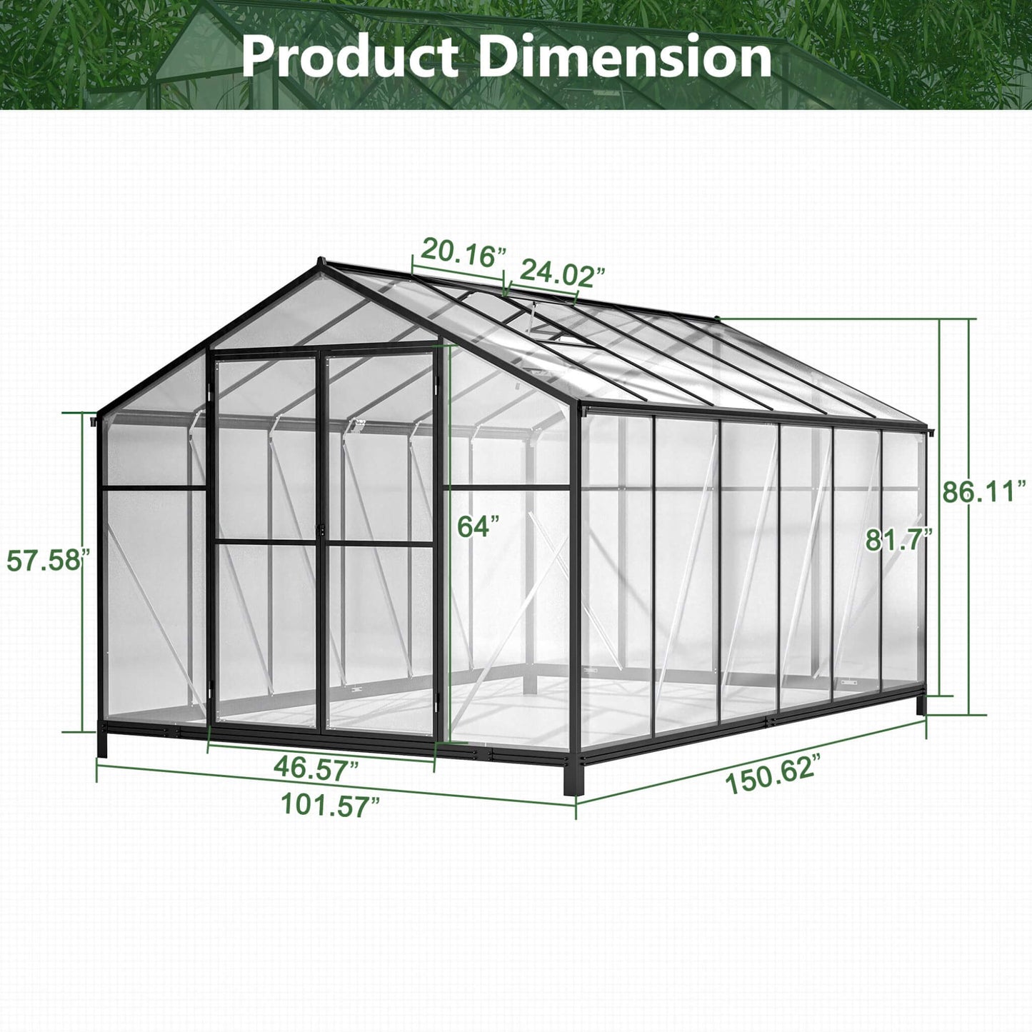 [08X12FT] Large Outdoor Heavy Duty Polycarbonate Walk-In Greenhouse With Double Swing Doors And Two Ventilation Windows (SAK73651)