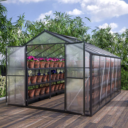Greenhouse with plants on a wooden deck
