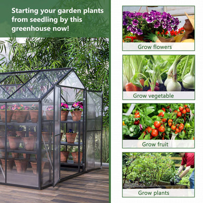 Greenhouse with potted plants and images of gardening activities on a white background