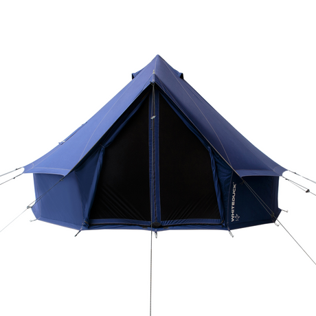 Blue tent with visible brand logo on a white background