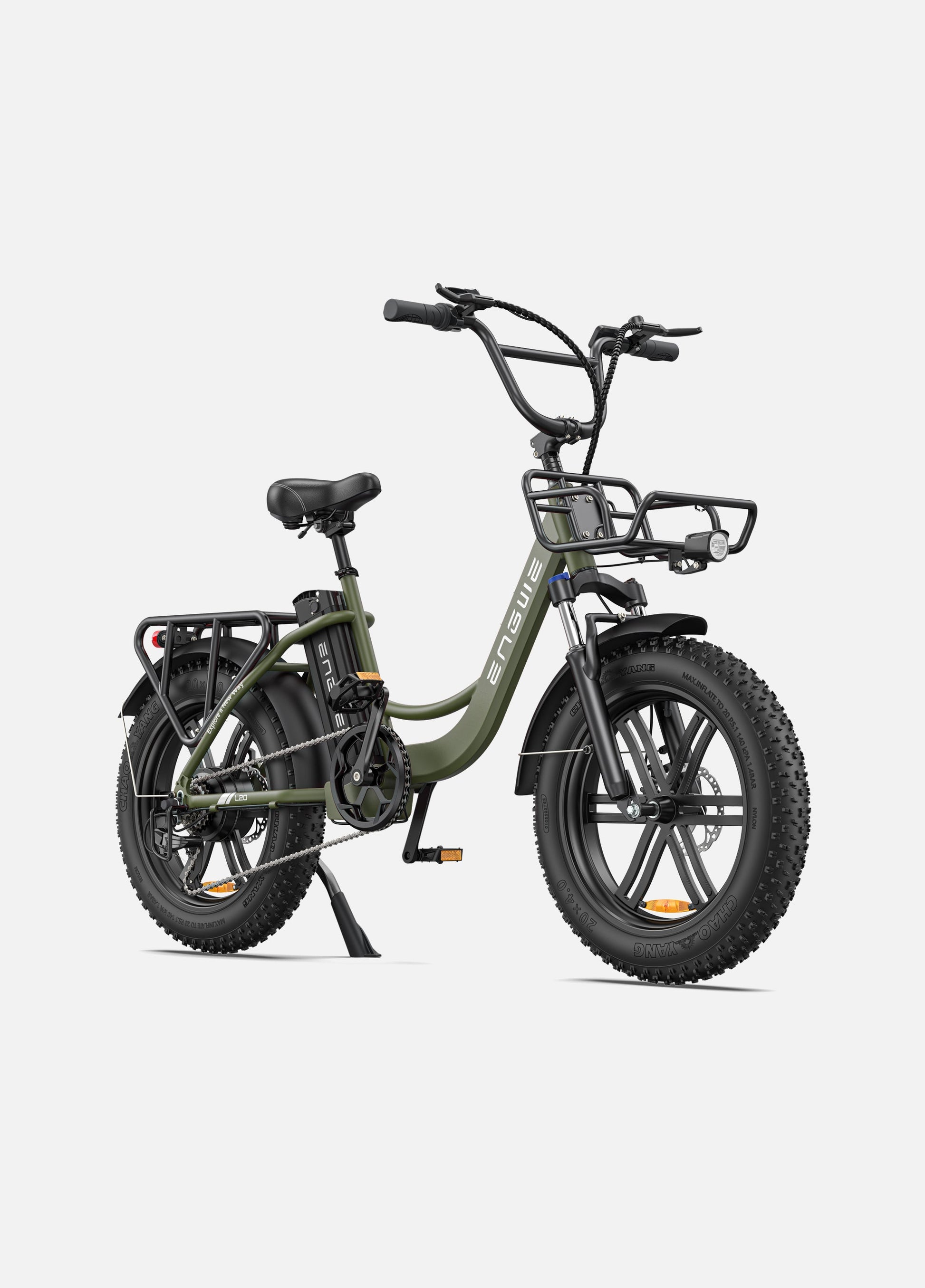 Engwe L20 step-through e-bike cruising city street

