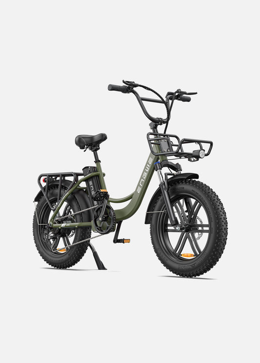 Engwe L20 step-through e-bike cruising city street


