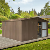 Brown storage shed with open door on a wooden deck surrounded by greenery