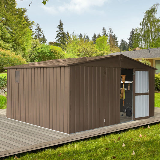 Brown storage shed with open door on a wooden deck surrounded by greenery