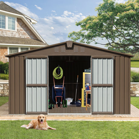 Brown metal storage shed with open doors, showing tools and a dog lying on the grass in front.