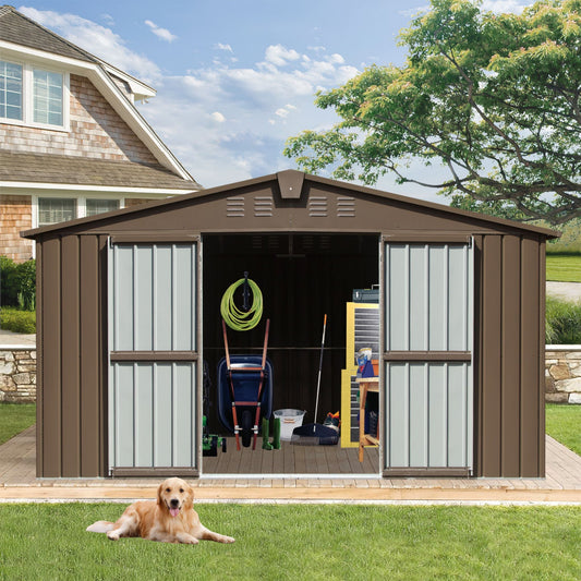 Brown metal storage shed with open doors, showing tools and a dog lying on the grass in front.