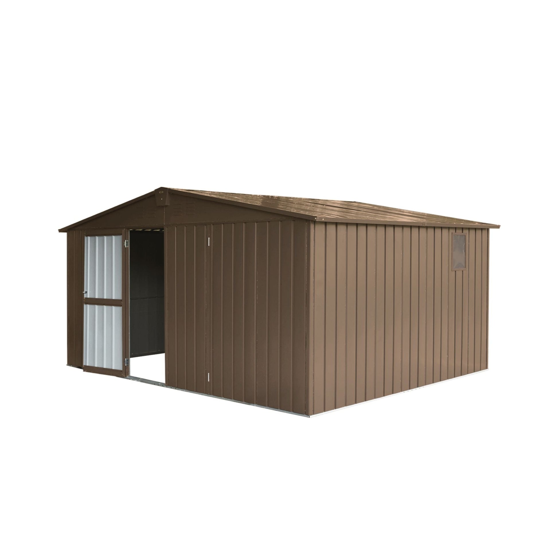 Brown metal storage shed on a white background