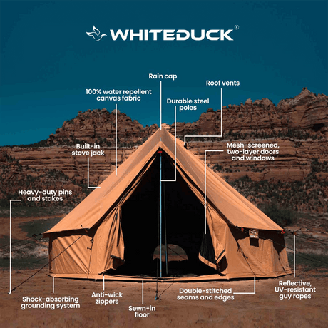 Brown camping tent with features labeled against a desert landscape background, featuring the Whiteduck brand.