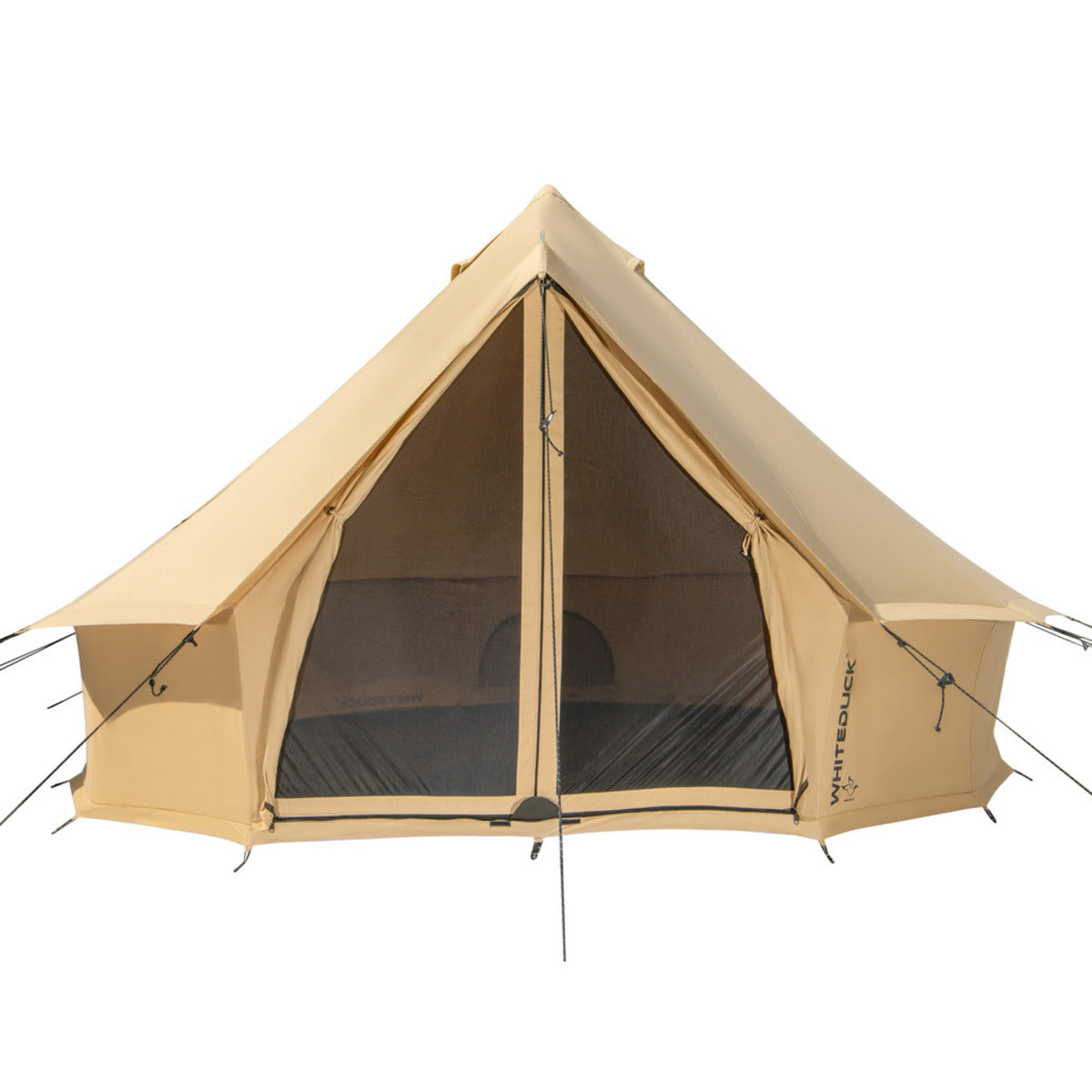 Beige tent with mesh door on a white background
