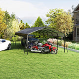Motorcycle under a carport in a backyard setting with trees and a house in the background.