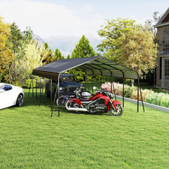 Motorcycle under a carport in a backyard setting with trees and a house in the background.