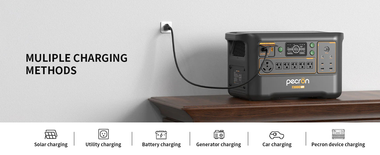 Pecron power station with multiple charging methods on a wooden surface against a white wall.