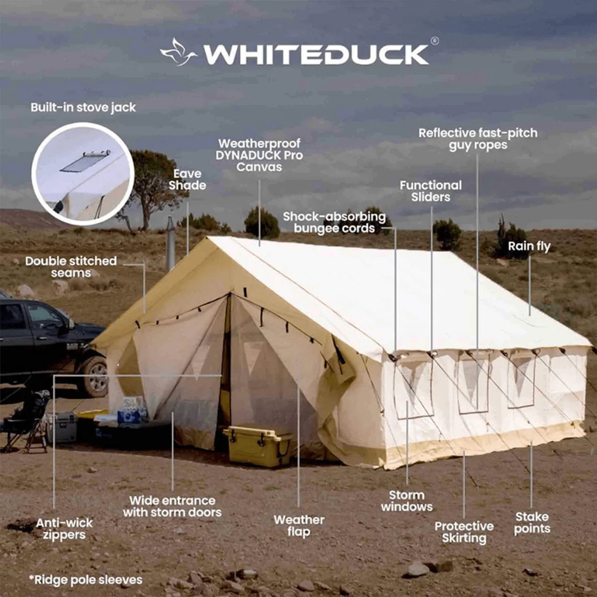 [14x16FT] White Duck Alpha Wall Tent With Heavy-Duty Frame & Bug Mesh Windows