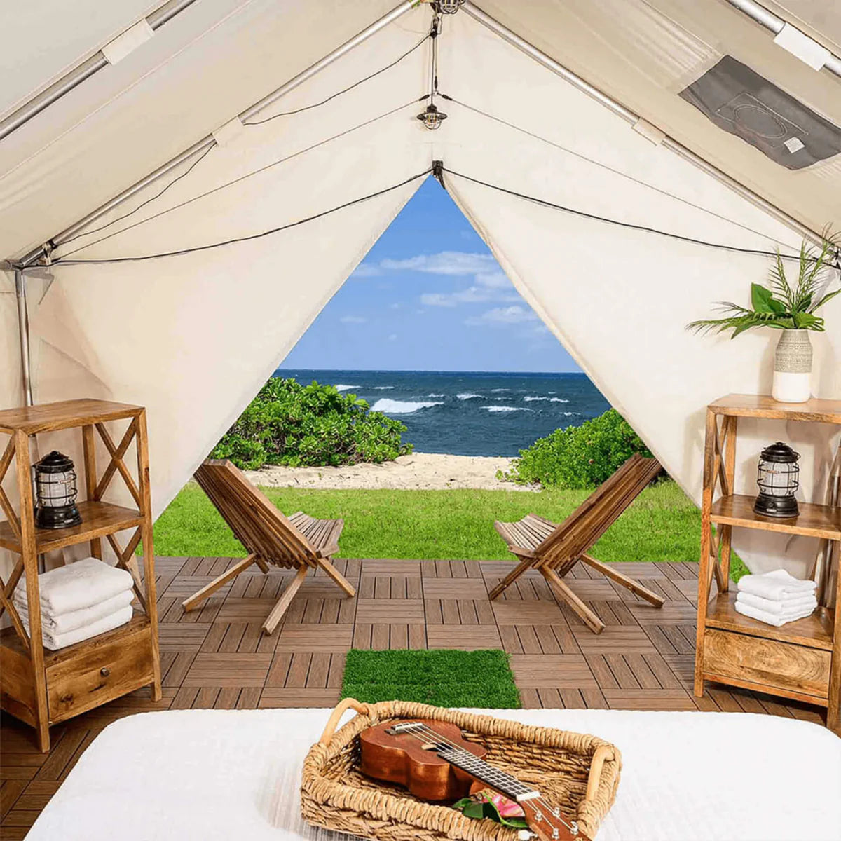 [14x16FT] White Duck Alpha Wall Tent With Heavy-Duty Frame & Bug Mesh Windows