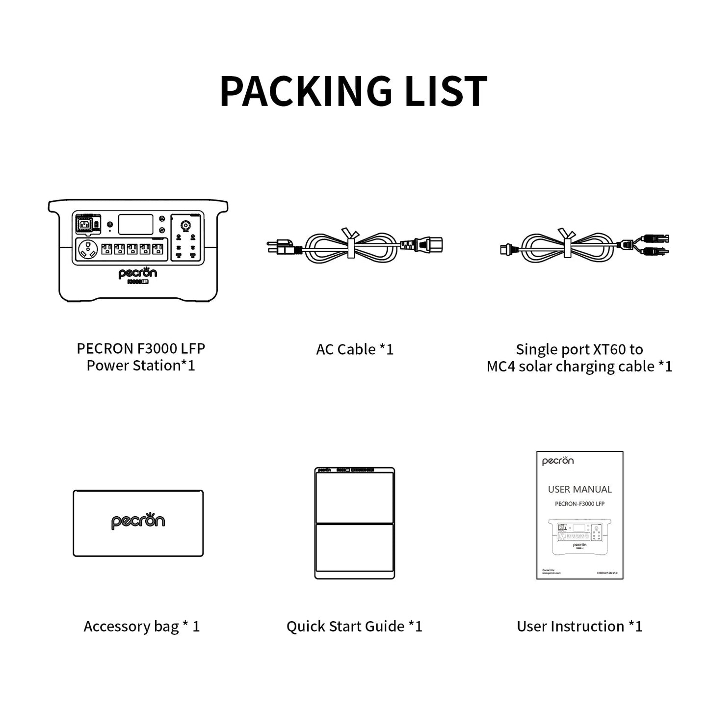 Packing list diagram with PECRON F3000 LFP Power Station and accessories on a white background
